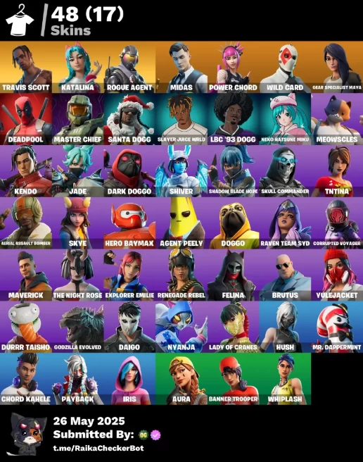 [PC] 48 skins | Travis Scott | Master Chief | Katalina | Rogue Agent | Midas | Power Chord | Wild Card | Gear Specialist Maya | cod 87