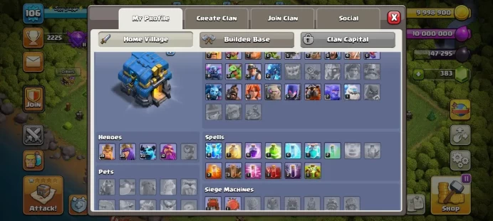 Th 12 / LeveL 106 / Gems 383 / Heroes (39 39 23 12) / CN 500 / code 411