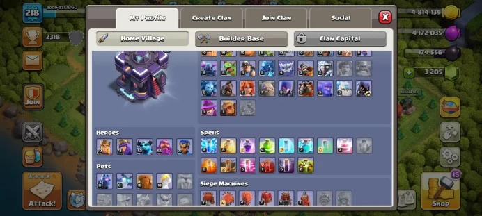 Th 15 / LeveL 218 / Gems 3205 / Heroes (70 78 52 55 27) / CN 1500 / code 420