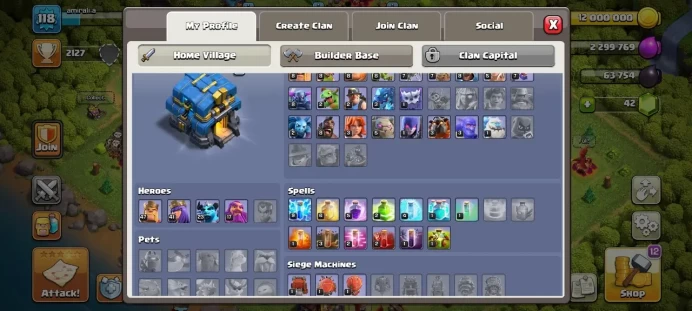 Th 12 / LeveL 118 / Gems 42 / Heroes (47 41 23 17) / CN 500 / code 440