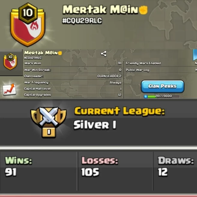C3◆Lvl 10◆Name: Mertak M@in◆Win 91◆Loss 105◆League Silver 1◆EXTRA ORDINARY STORE