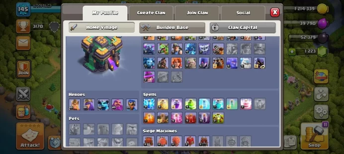 Th 14 / LeveL 145 / Gems 1223 / Heroes (65 66 38 49 25) / CN 500 / code 454