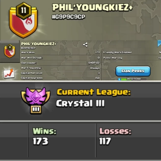 C14▰Crystal 3▰Clan Level 11▰Clan Name : PHIL'YOUNGKIEZ+▰War Won 173▰War Loss 117▰Positive War Log▰EXTRA ORDINARY STORE