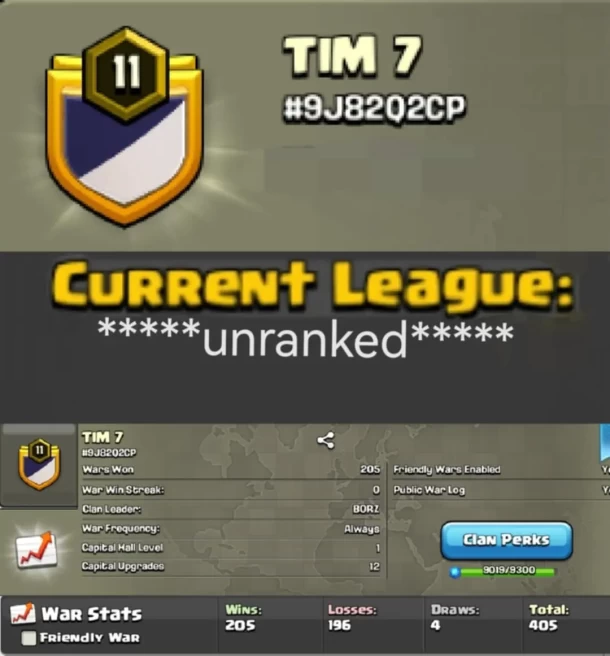 C21▰English Name: TIM 7▰Lvl 11▰8 Tag Clan▰Win 205▰Loss 196▰Positive War Log▰EXTRA ORDINARY STORE