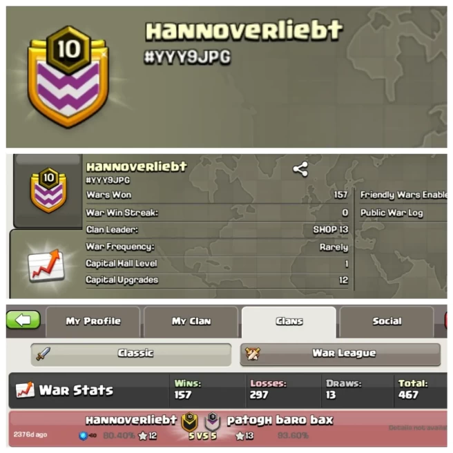 C25▰Lvl 10▰Clan Name: hannoverliebt▰War Won 157▰Fast Delivery▰EXTRA ORDINARY STORE