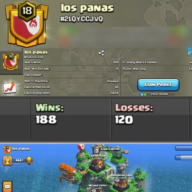 C27◆Capital Hall 10 Max◆English Name: los panas◆CWL RANK GOLD 1◆War Win: 188◆War Loss: 120◆Rarest Clan◆EXTRA ORDINARY STORE
