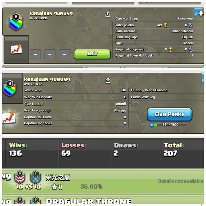 C38◆POSITIVE WAR LOG 2:1◆CLAN LVL 9◆NAME- KERAJAN GUNUNG◆WAR LOG: WIN- 136◆LOSS- 69◆EXTRA ORDINARY STORE