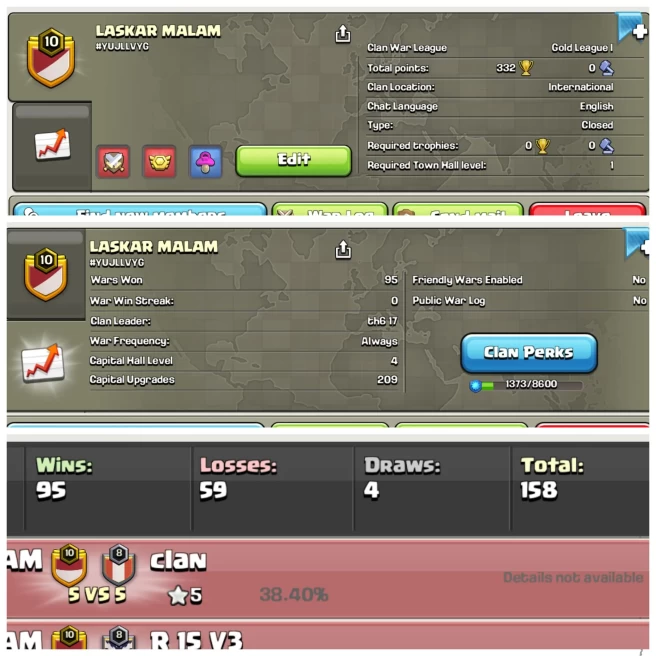 C39◆POSITIVE WAR LOG 2:1◆CLAN NAME- LASKAR MALAM◆CLAN LVL- 10◆WAR WIN- 95◆LOSS- 59◆CWL RANK- GOLD 1◆CAPITAL HALL- 4◆EXTRA ORDINARY STORE