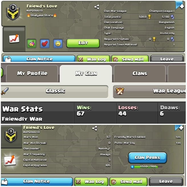 [Champion-1 Cwl League]||Name:Friends Love||Level-9||67 Wins 44 Loss||Pure English Name