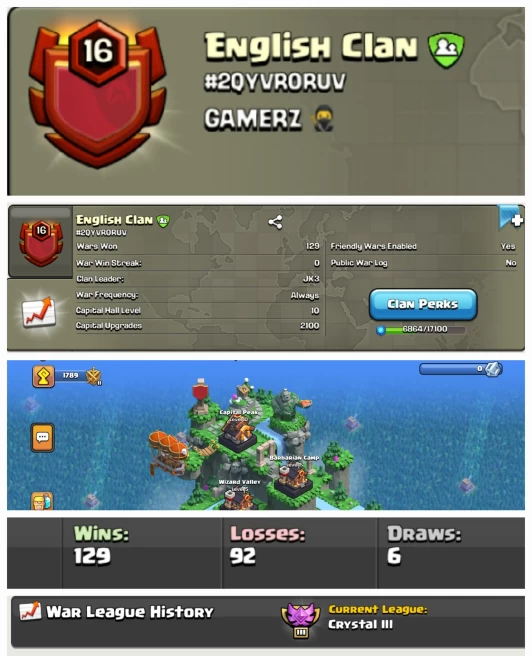 English Clan !! LEVEL 16 !! CAPITAL PEAK 10 !! WIN 129 LOSS 92 !! CRYSTAL LEAUGE 3 !! AFFORDABLE !! CHEAP !! FAST DELIVERY