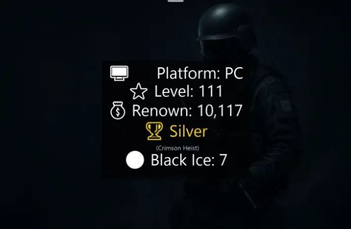 PC [ Level 111 | 1x Silver | 7x Black Ice | 3x Elite | 3x Uni | 7x Season | 3x Esport | 93x Anim  70 Operators | 10117 Renown  ] Full Access