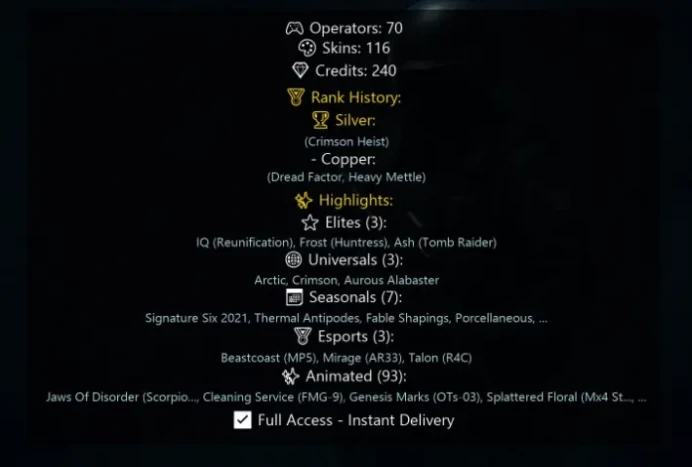 PC [ Level 111 | 1x Silver | 7x Black Ice | 3x Elite | 3x Uni | 7x Season | 3x Esport | 93x Anim  70 Operators | 10117 Renown  ] Full Access