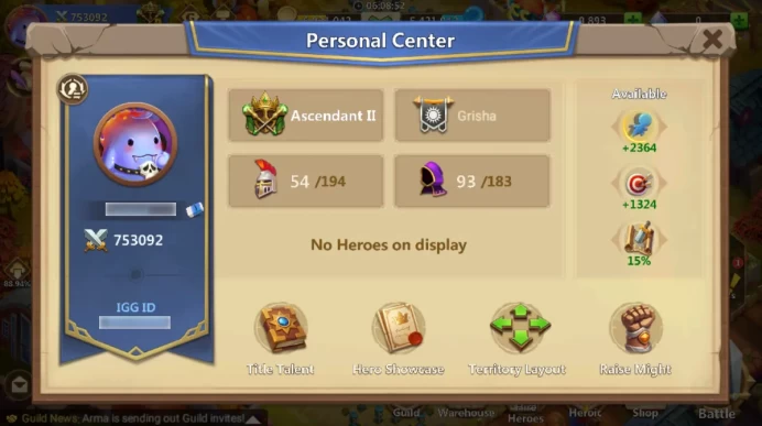753K MIGHT | DYNAMICA 35 LVL I BASE 30 LVL I TOWN HALL 30 LVL I 16 GOLD HEROES I 9K GEMS