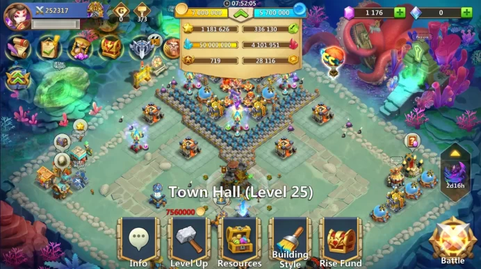 252K MIGHT | BASE 10 LVL | TOWN HALL 25 LVL | 12 GOLD HEROES | 1K GEMS 