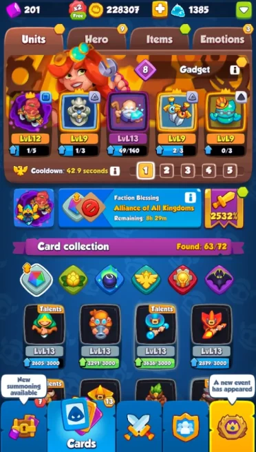 2500% I 63/72 pawns 10/14 heroes I 12 Dancer + 9 Knight Statue + 13 Keeper + 9 Scrapper + 9 Sword + Gadget