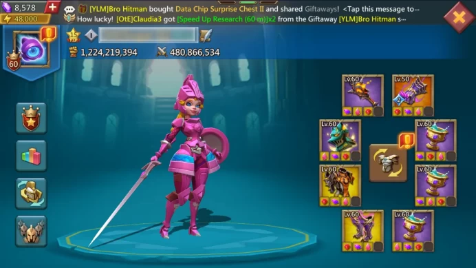 1224M MIGHT | 916M RESEARCH | T5 TROOPS 469M | 8K GEMS | 21 GOLD HEROES 60 LVL 