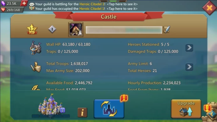 221/270M MIGHT | 161M RESEARCH | T4 TROOPS 33M | 23K GEMS | 8 GOLD HEROES 60 LVL