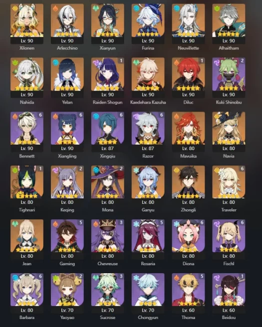    Genshin / EU / AR60 / 21 Legends / Xilonen / Arlecchino / Xianyun / Furina / Neuvillette / Alhaitham / Nahida / Yelan  Raiden Shogun   gg17  