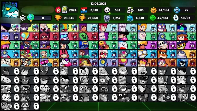 B4【 50/95 BRAWLERS 】8 HYPERCHARGE▰11 MAX POWER▰23K TROPHIES▰100 SKINS▰RARE ACCOUNT