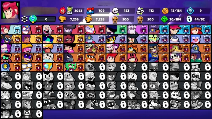 B6【 44/92 BRAWLERS 】7 MAX POWER▰4 HYPERCHARGED▰7.2K TROPHIES▰57 SKINS▰69 ICONS▰31 PINS▰NC 90 GEMS