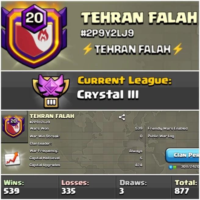 LEVEL- 20 | NAME- TEHRAN FALAH I WAR LOG WIN- 539 : LOSSES- 335 | LEAGUE- CRYSTAL 3 | CC- 5 | AMAZING NAME & WAR LOG | INSTANT DELIVERY