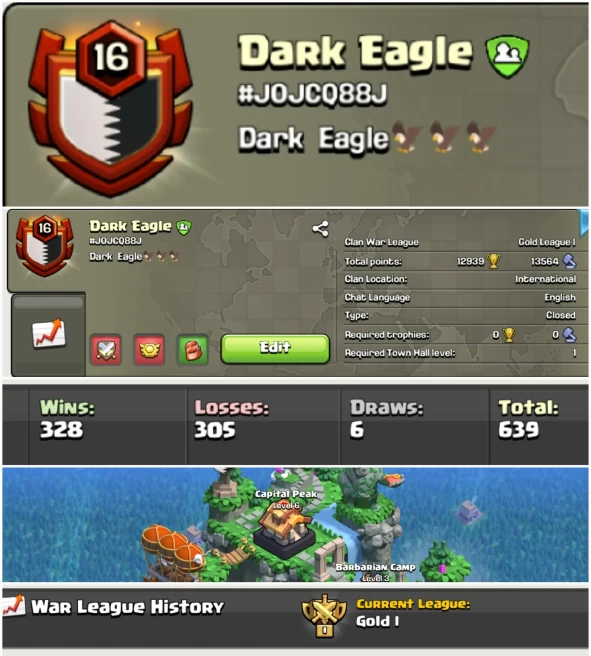Dark Eagle !! LEVEL 16 !! WIN 328 LOSS 305 !! CAPITAL PEAK 6 !! GOLD LEAUGE 1 !! BEST NAME !! CHEAP !! AFFORDABLE !! INSTANT DELIVERY 
