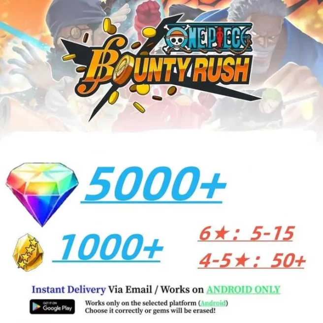 Global[Android/Only][5000+RD][1000+GF]+60+ Random 4-5 Star Characters+Random 6 Star Character 5-15[Fast delivery] ONE PIECE Bounty Rush