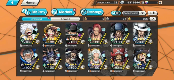 BR537-Hyber 69+12 Ex(Garp+Sabo+Kuzan+Lucci+Snake+Gear 5+Roger v1+Kaido+Zoro+Luffy+Shank v3)+385 Frag+Vip Medal+Support 165%+Many Bounty Fes Max