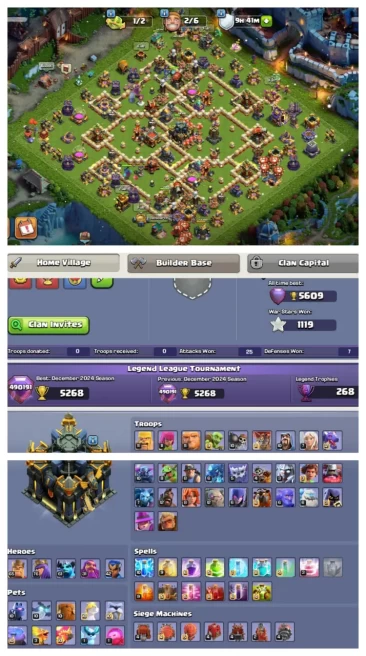M28◆TH 17 WALL+DEFENSE MAX◆HERO- 65,76,61,31,42◆Dark Ages Scenery◆EPIC-GG:23,FA:14,MM:14,FB:14,OTHERS ALL MAXED◆5 SKIN◆BH 10 MAXED◆CHECK PHOTOS