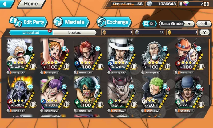 BR529-IOS+Android-Hyber 52+5 Ex(Kuzan+Luffy Gear 5+Yamato Ace+Shank v2)+Vip Medal+Support 163%+King Max+Rayleigh Max+Cracker Max+Jabra+Egg Zoro