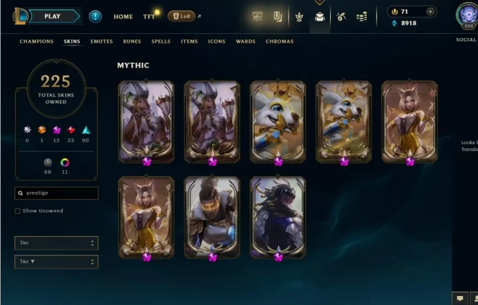 Email changeable 225 skins 160 champs 13 mythic skins 8x prestiges 51x little legends
