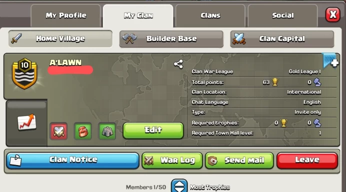 Clan Level 10 | Name: A'LAWN | Awesome Name | Wins 72 ,Losses 63 | Gold 1 | Capital Hall 6