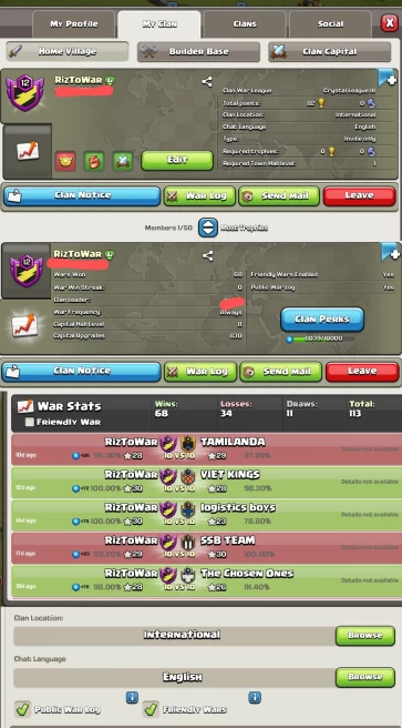 # CAPITAL HALL 8 # | Clan Level 12.6 | Name: RizToWar | Awesome Name | Wins 68 ,Losses 34 | Crystal 3