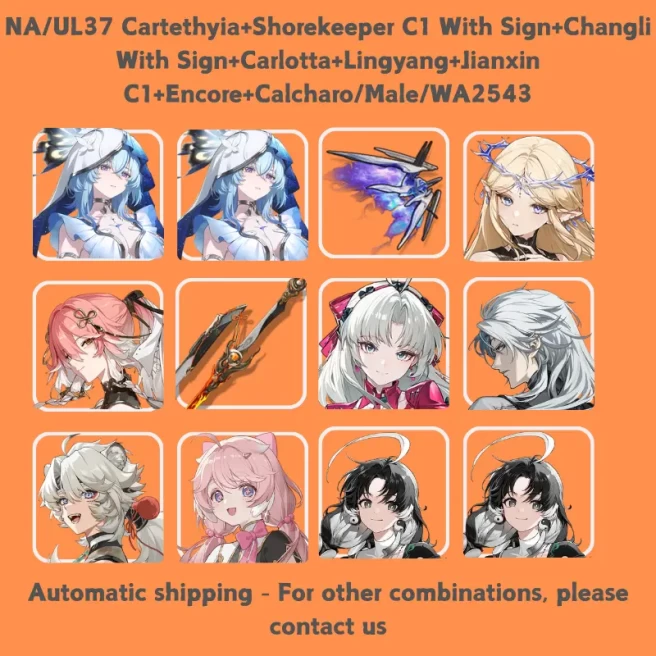 NA/UL37 Cartethyia+Shorekeeper C1 With Sign+Changli With Sign+Carlotta+Lingyang+Jianxin C1+Encore+Calcharo/Male/WA2543