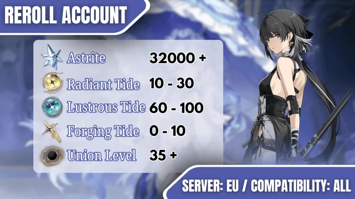 [Europe] Reroll Account +32000 Astrite | 10 -30 Radiant Tide | 60 - 100 Lustrous Tide | 35+ Union Level | Mail Address | Instant Delivery #ww1