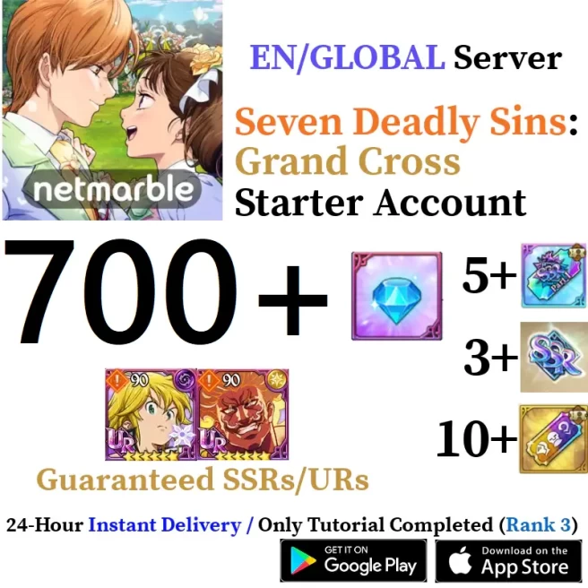Global 7DS Grand Cross Starter Account with 700-900 Diamonds & 5+ SSR & Ultimate Escanor + Traitor Meliodas Guaranteed & 3+ SSR Tickets