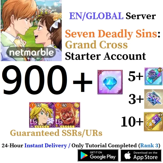 Global 7DS Grand Cross Starter Account with 900-1000 Diamonds & 5+ SSR & Ultimate Escanor + Traitor Meliodas Guaranteed & 3+ SSR Tickets