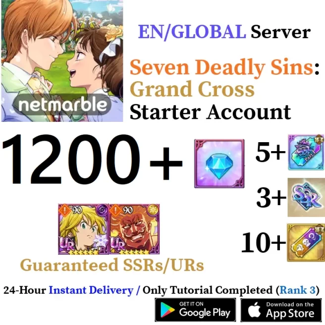 Global 7DS Grand Cross Starter Account with 1200-1300 Diamonds & 5+ SSR & Ultimate Escanor + Traitor Meliodas Guaranteed & 3+ SSR Tickets