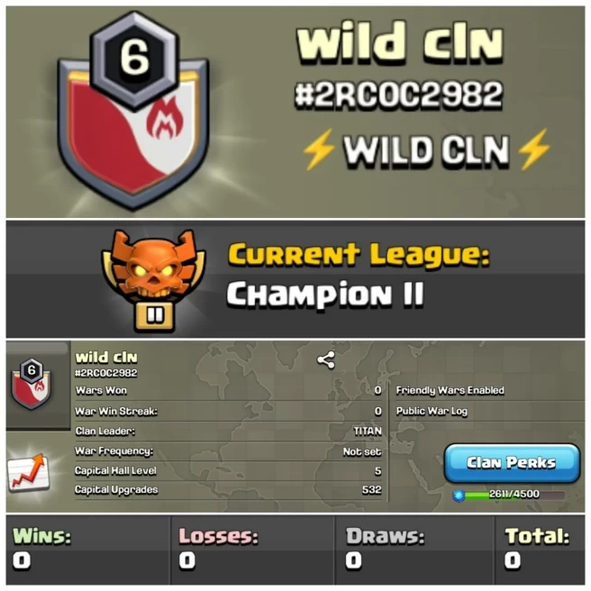 LEVEL- 6 | NAME- WILD CLN | CHAMPION- 2 | CC- 5 | NO WAR | AMAZING NAME & WAR LOG | INSTANT DELIVERY