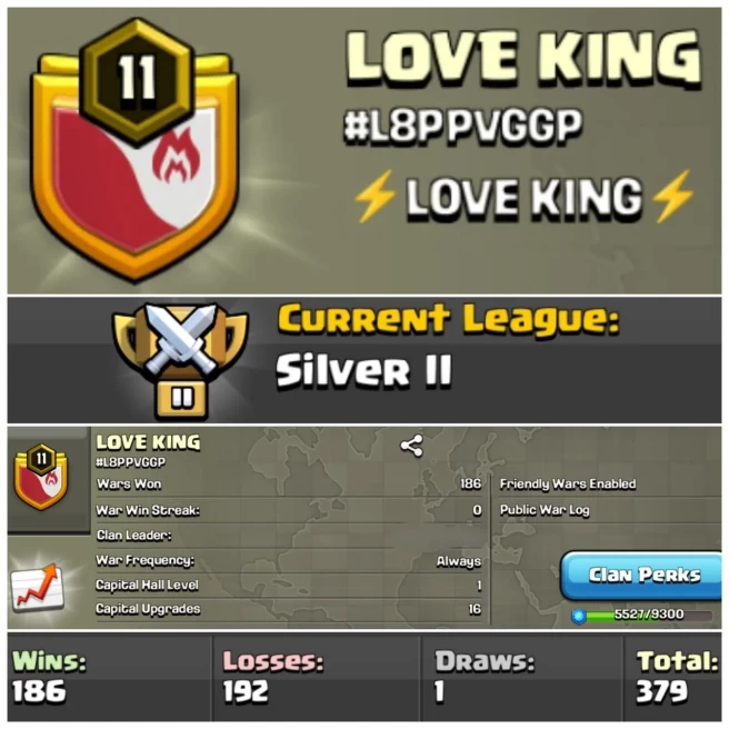 LEVEL- 11 | NAME- LOVE KING I WAR LOG WIN- 186 : LOSS- 192 | SILVER 2 | CC- 1 | AMAZING NAME & WAR LOG | INSTANT DELIVERY