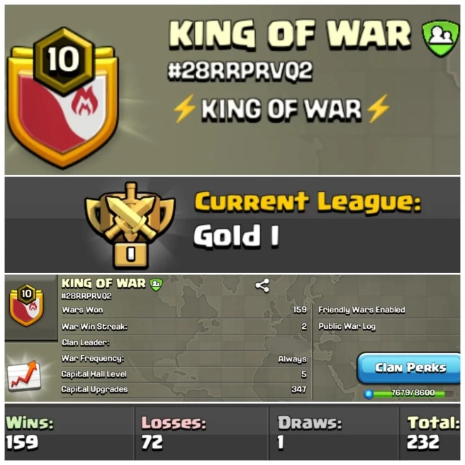 LEVEL- 10 | NAME- KING OF WAR I WAR LOG WIN- 159 : LOSS- 72 | GOLD 1 | CC- 5 | AMAZING NAME & WAR LOG | INSTANT DELIVERY