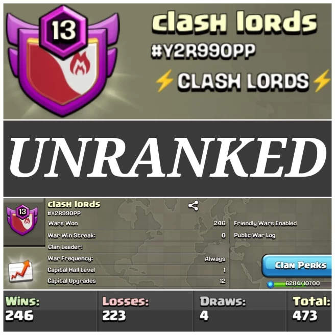 LEVEL- 13 | NAME- CLASH LORDS I WAR LOG WIN- 246 : LOSS- 223 | UNRANKED | CC- 1 | AMAZING NAME & WAR LOG | INSTANT DELIVERY