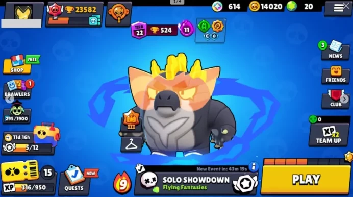64 Brawlers  23.582 Trophies  36 Skins  2 Legends  18 Mythics  25 Epics  14020 Gold  20 Gems  614 Blings