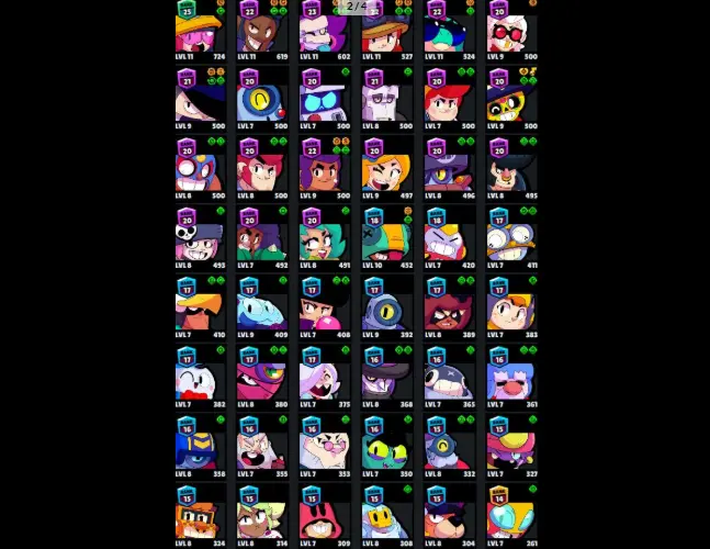 64 Brawlers  23.582 Trophies  36 Skins  2 Legends  18 Mythics  25 Epics  14020 Gold  20 Gems  614 Blings