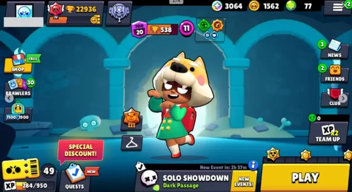 72 Brawlers  22.936 Trophies 61 Skins  8 Legends  19 Mythics  26 Epics  1562 Gold  77 Gems  3064 Blings