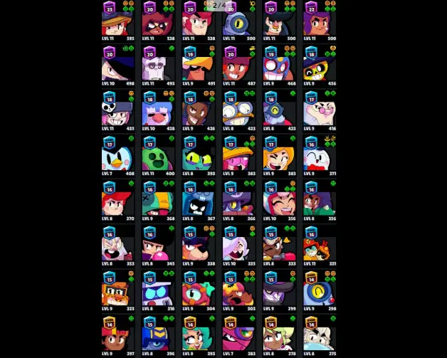 72 Brawlers  22.936 Trophies 61 Skins  8 Legends  19 Mythics  26 Epics  1562 Gold  77 Gems  3064 Blings
