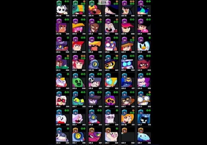  70 Brawlers  25.430 Trophies  64 Skins  7 Legends  18 Mythics  26 Epics  538 Gold  17 Gems  232 Blings