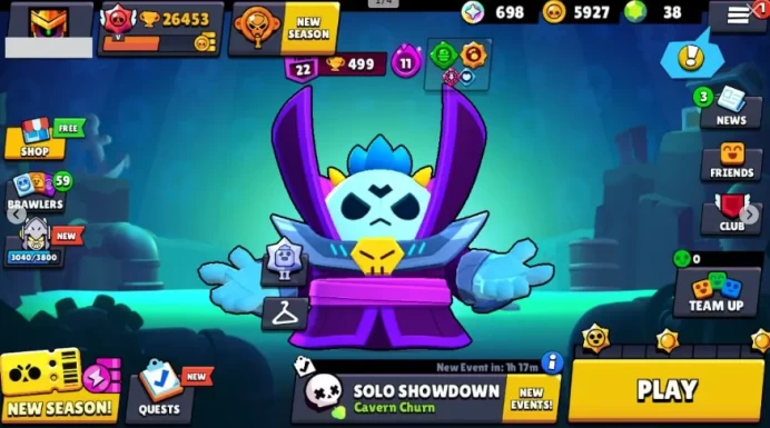  71 Brawlers  26.453 Trophies  60 Skins  7 Legends  20 Mythics  25 Epics  5927 Gold  38 Gems  698 Blings
