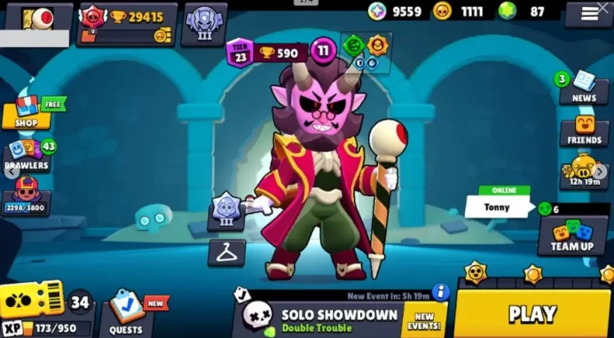 77 Brawlers  29.415 Trophies  79 Skins  8 Legends  24 Mythics  26 Epics  1111 Gold  87 Gems  9559 Blings 