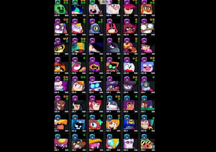 77 Brawlers  29.415 Trophies  79 Skins  8 Legends  24 Mythics  26 Epics  1111 Gold  87 Gems  9559 Blings 